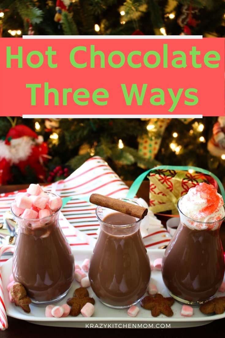 Hot Chocolate Three Ways is made with Chocolate Almond Milk. It's like having a flight of chocolate milk with three different flavors. via @krazykitchenmom