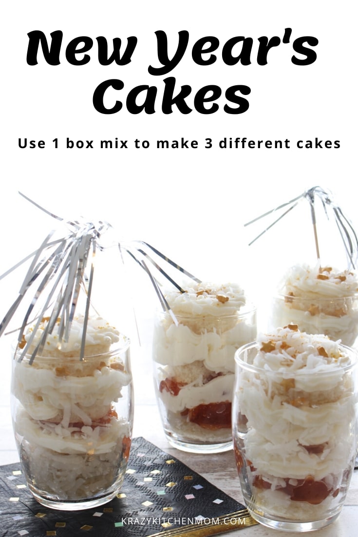 New Year's Cake Ideas - Using one boxed cakes mix, you can make three different New Year's mini cakes and desserts.  via @krazykitchenmom