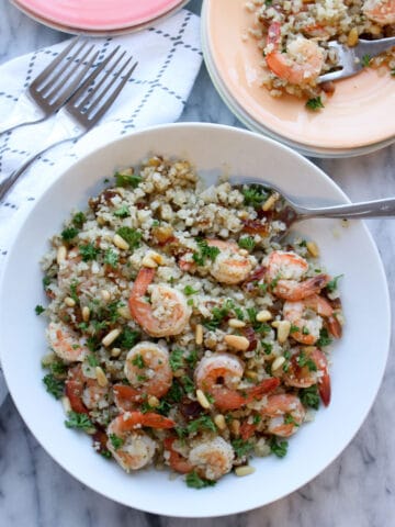 Close up of a bowl of Zaatar shrimp and rice