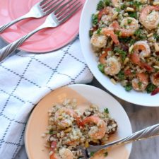 dish of shrimp and cauliflower rice and one serving on a plate