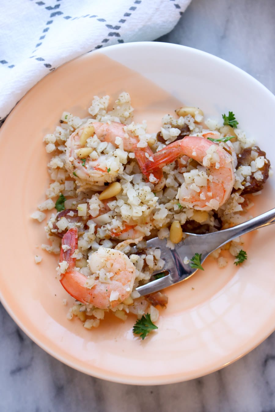 one serving of zaatar shrimp and cauliflower rice