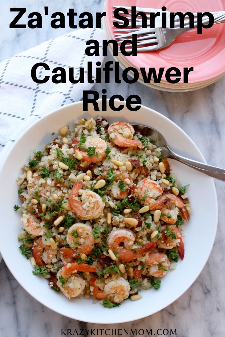 Za'atar Shrimp and Cauliflower Rice is a flavor combination of zesty herbs, lemon, and nuttiness. Za'atar is an amazing spice blend for low carb cooking. via @krazykitchenmom