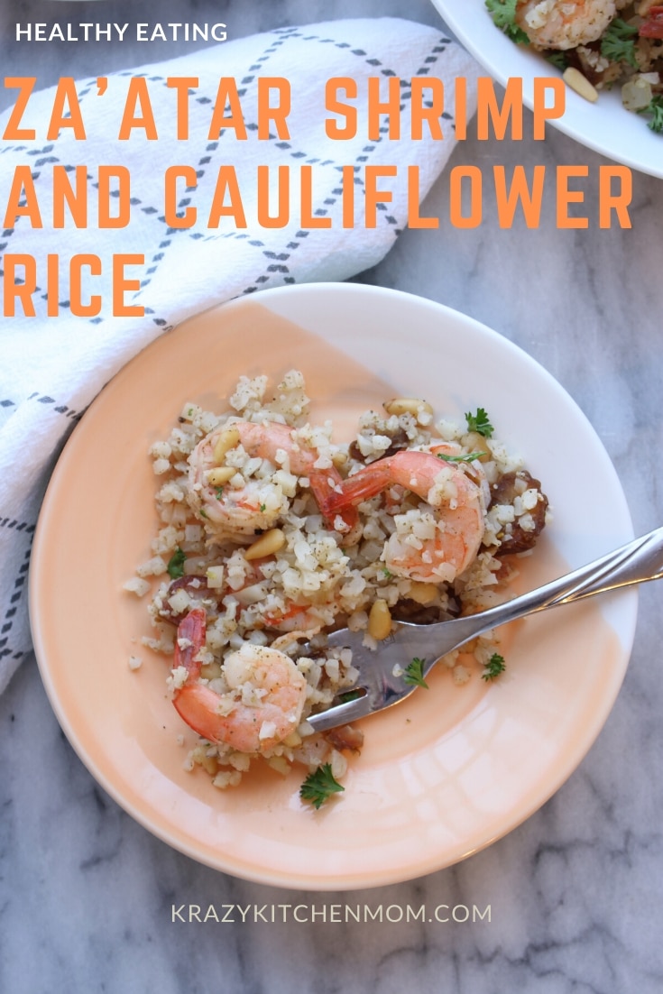 Za'atar Shrimp and Cauliflower Rice is a flavor combination of zesty herbs, lemon, and nuttiness. Za'atar is an amazing spice blend for low carb cooking. via @krazykitchenmom