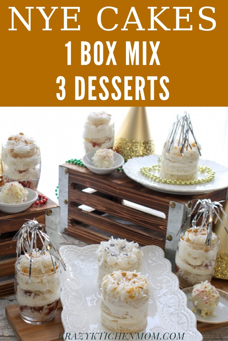 New Year's Cake Ideas - Using one boxed cakes mix, you can make three different New Year's mini cakes and desserts.  via @krazykitchenmom