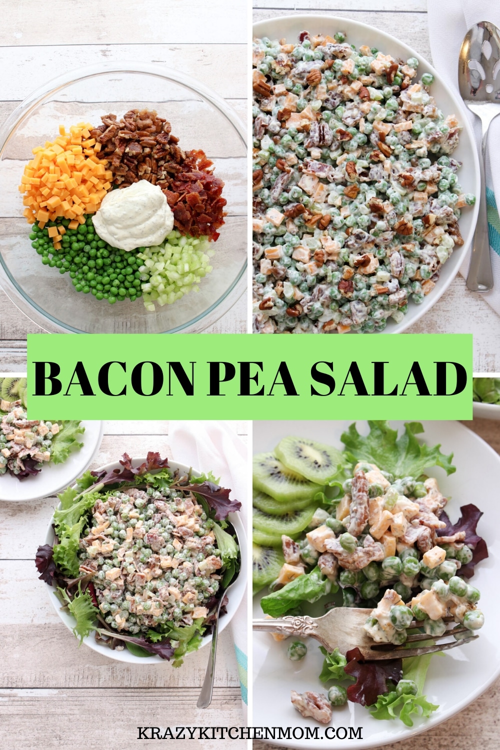 This easy Bacon Easy Pea Salad is loaded with veggies, peas, and bacon. It's the perfect salad or side dish with any meal. via @krazykitchenmom