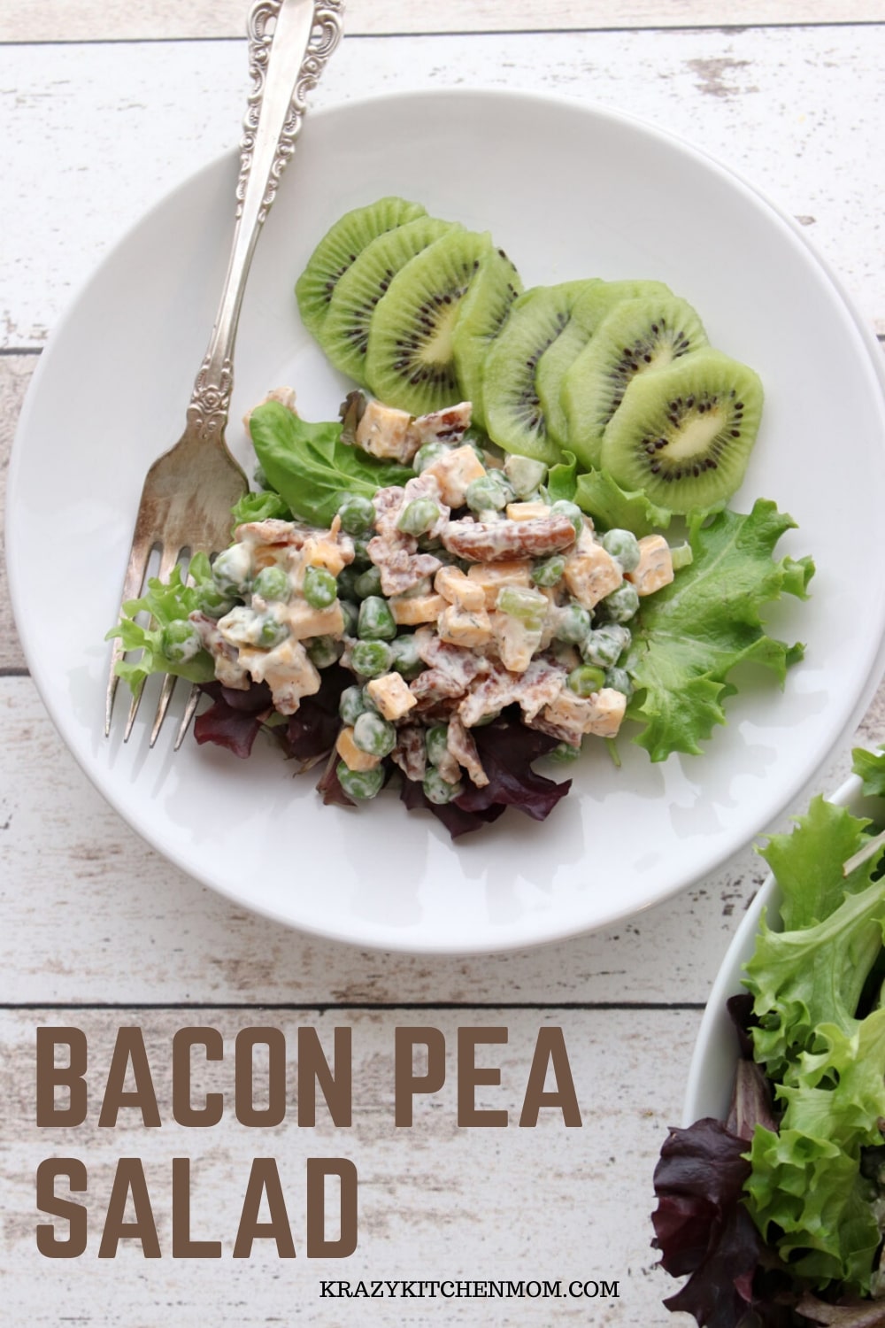 This easy Bacon Easy Pea Salad is loaded with veggies, peas, and bacon. It's the perfect salad or side dish with any meal. via @krazykitchenmom