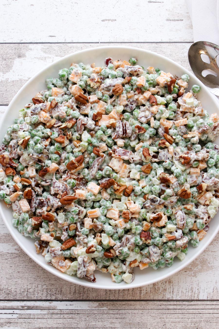 large dish of bacon pea salad