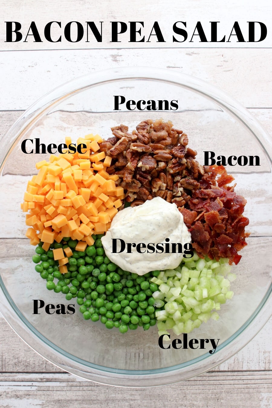 Bowl of the ingredients for bacon pea salad
