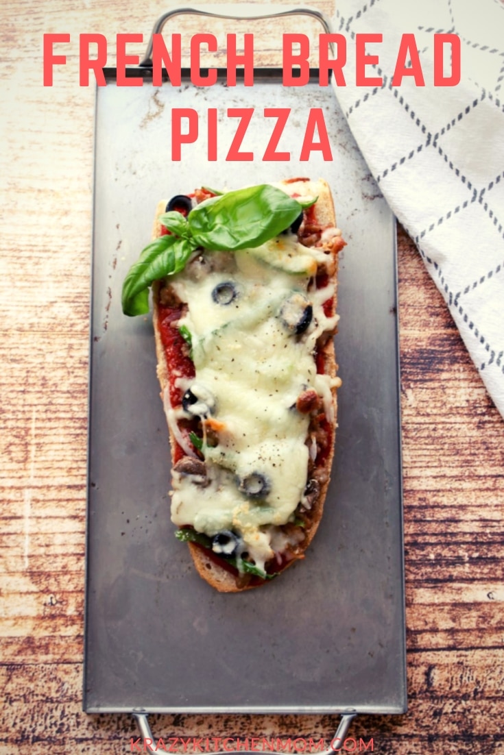 Four Easy French Bread Pizzas that are ready in 20 minutes. White Margarita Pizza, Classic Pepperoni Pizza, Mushroom and Onion Pizza, and Supreme Pizza. via @krazykitchenmom