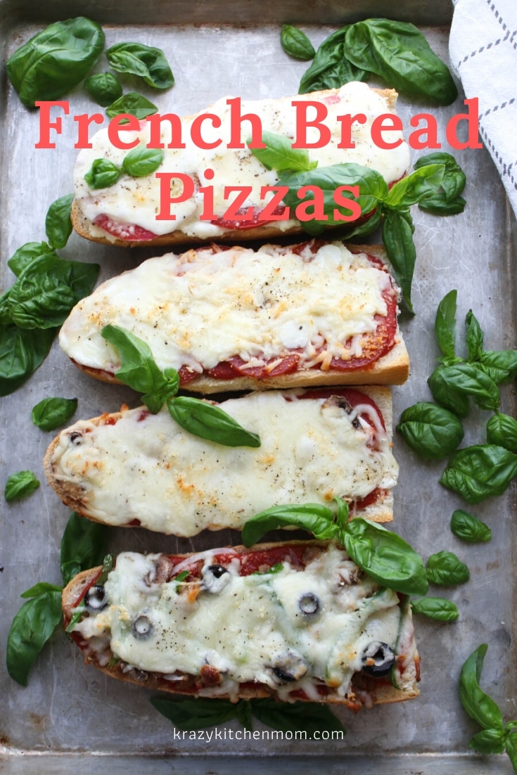 Four Easy French Bread Pizzas that are ready in 20 minutes. White Margarita Pizza, Classic Pepperoni Pizza, Mushroom and Onion Pizza, and Supreme Pizza. via @krazykitchenmom