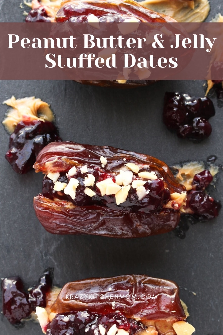 Creamy, nutty, crunchy, and sweet Peanut Butter & Jelly Stuffed Medjool Dates make a fantastic party appetizer or an afternoon snack for your family. via @krazykitchenmom