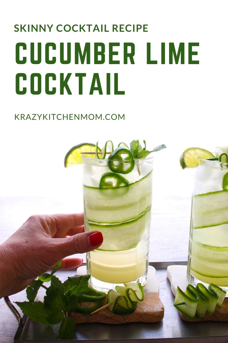 My Skinny Cucumber Lime Cocktail is only 119 calories. It's made with cucumber vodka, lime juice, and sparkling water. It gets a nice kick from sliced jalapeno.  via @krazykitchenmom