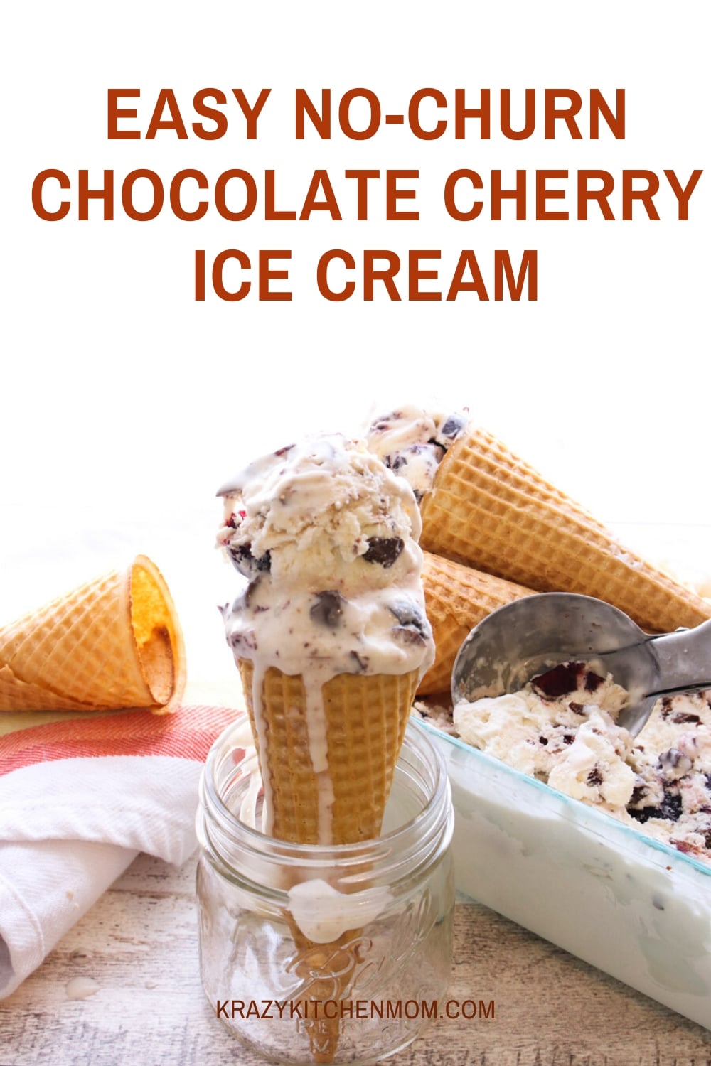 Make homemade ice cream without an ice cream maker. No Churn Chocolate Cherry Ice Cream has only 5 ingredients. Prep time is under 5 minutes and then it goes into the freezer for 4 hours. via @krazykitchenmom