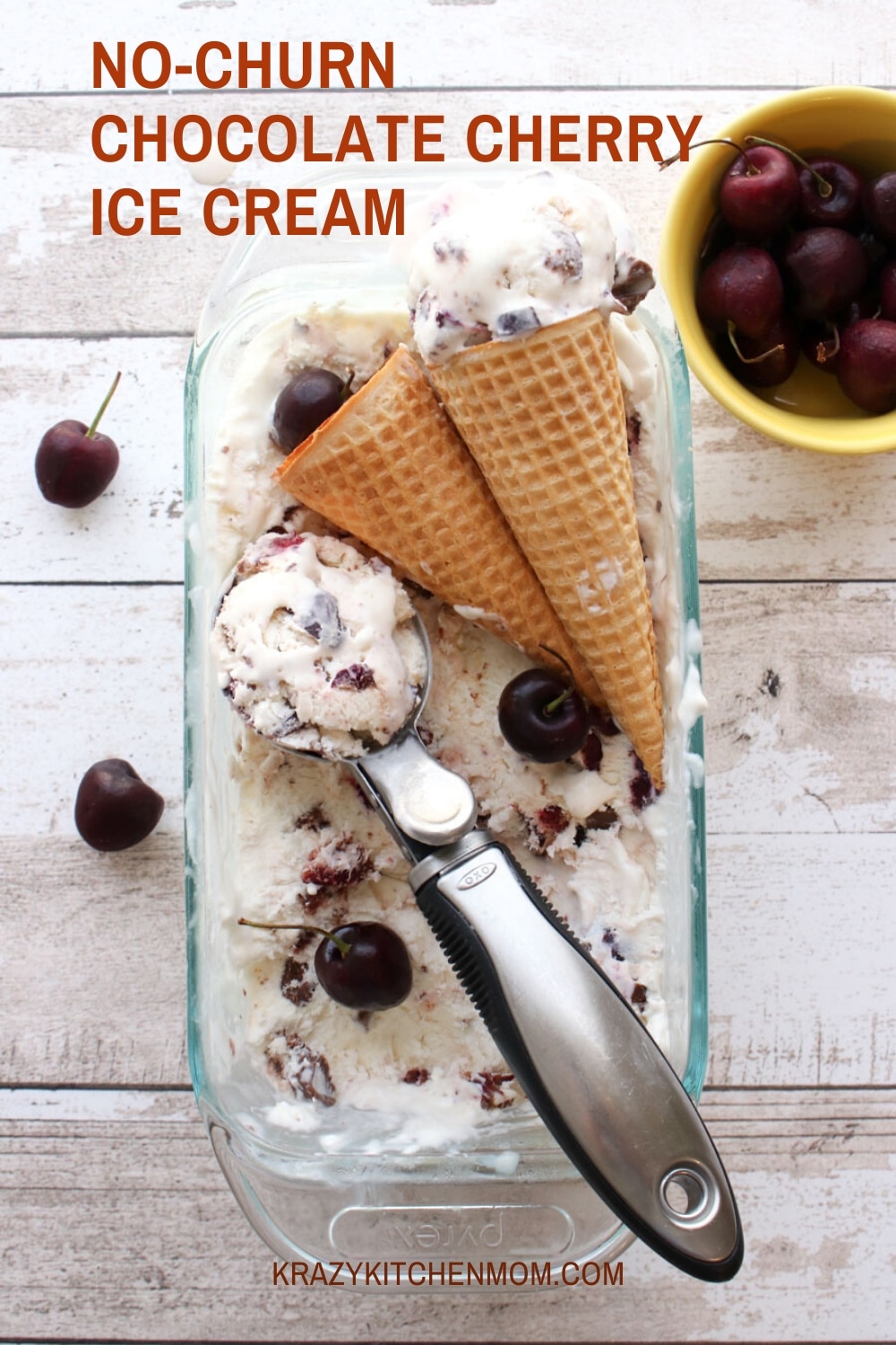 Make homemade ice cream without an ice cream maker. No Churn Chocolate Cherry Ice Cream has only 5 ingredients. Prep time is under 5 minutes and then it goes into the freezer for 4 hours. via @krazykitchenmom