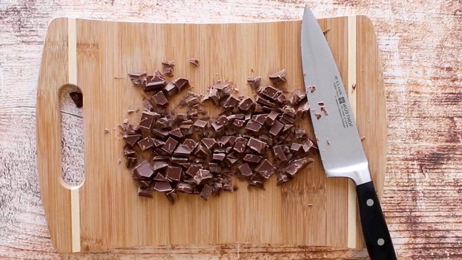 Chopped chocolate on a cutting board