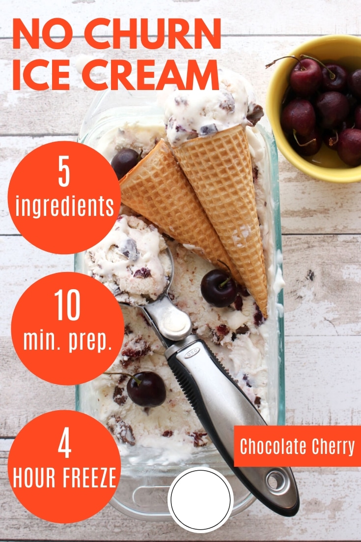 Make homemade ice cream without an ice cream maker. No Churn Chocolate Cherry Ice Cream has only 5 ingredients. Prep time is under 5 minutes and then it goes into the freezer for 4 hours. via @krazykitchenmom