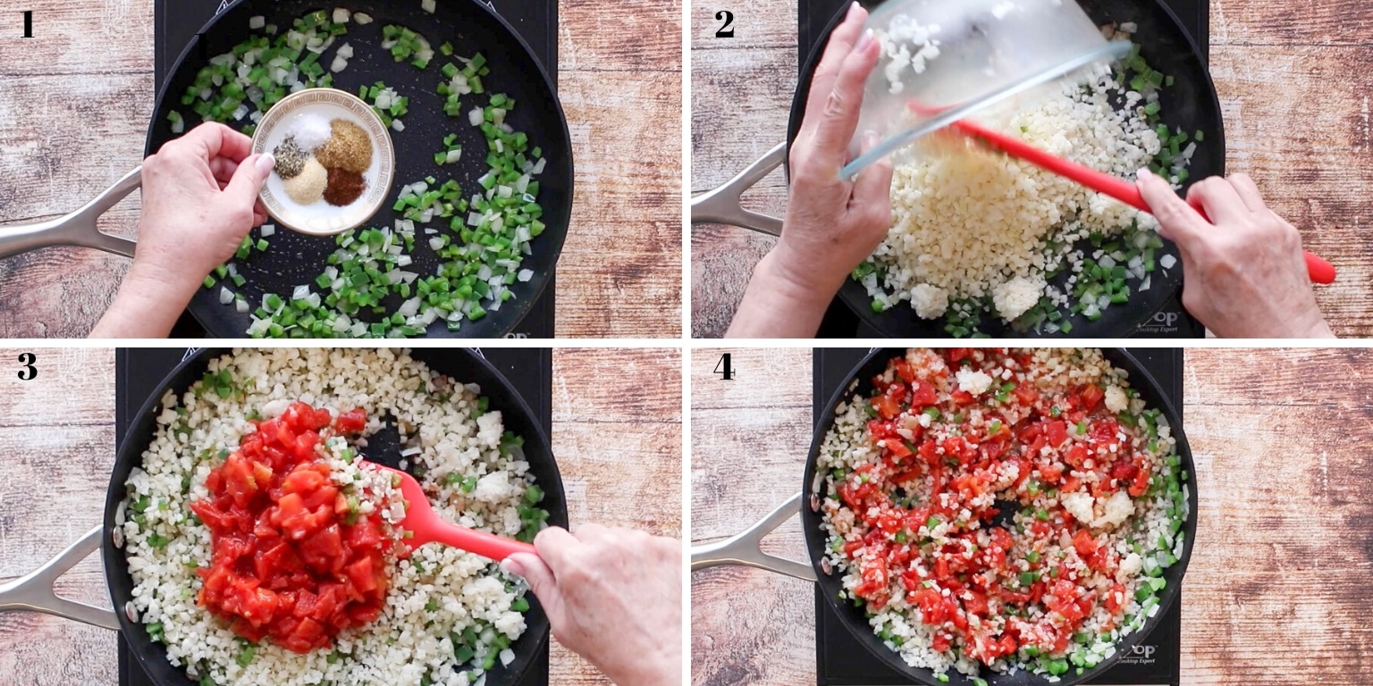 collage of how to make Spanish Cauliflower Rice