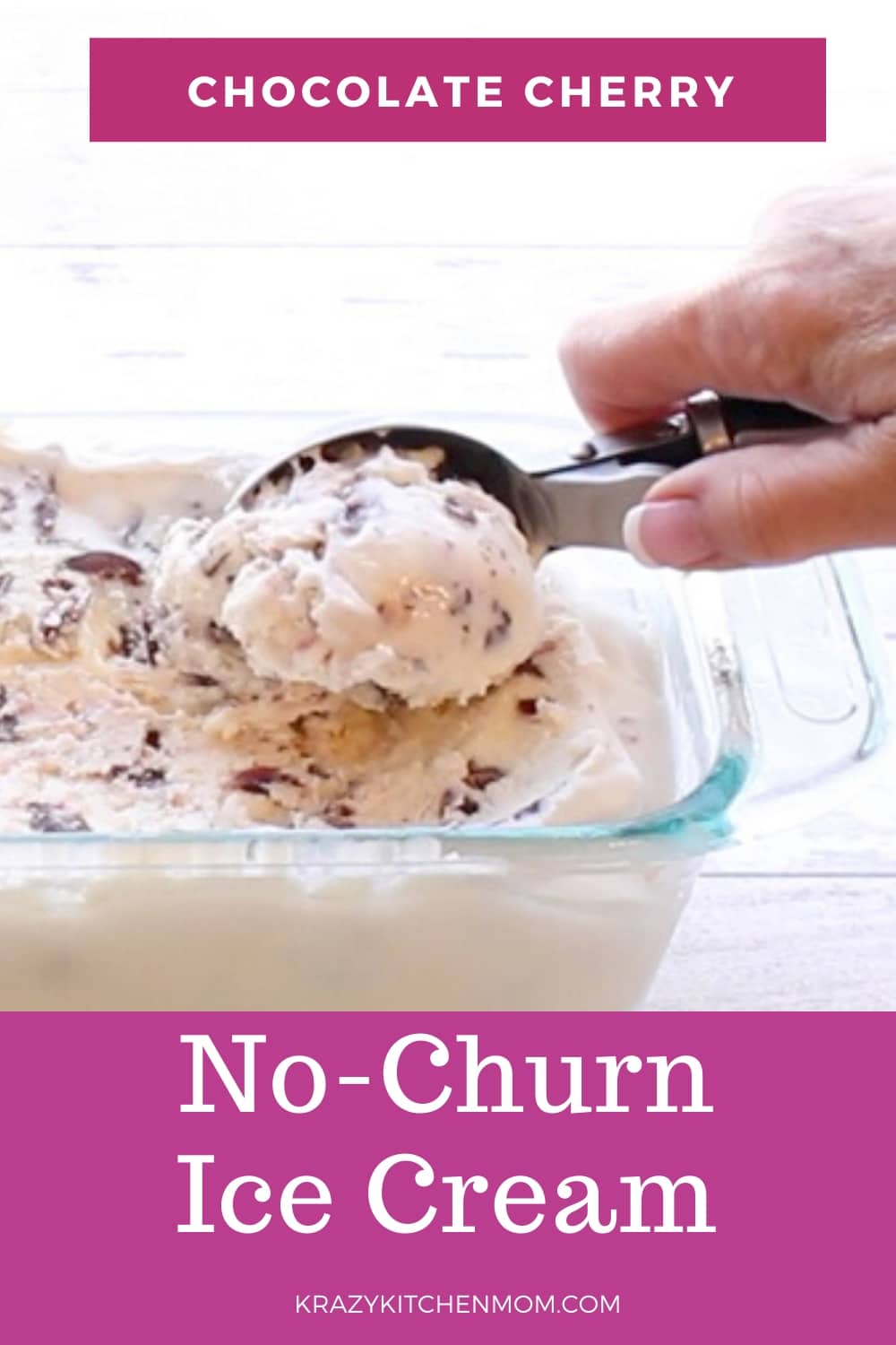 Make homemade ice cream without an ice cream maker. No Churn Chocolate Cherry Ice Cream has only 5 ingredients. Prep time is under 5 minutes and then it goes into the freezer for 4 hours. via @krazykitchenmom