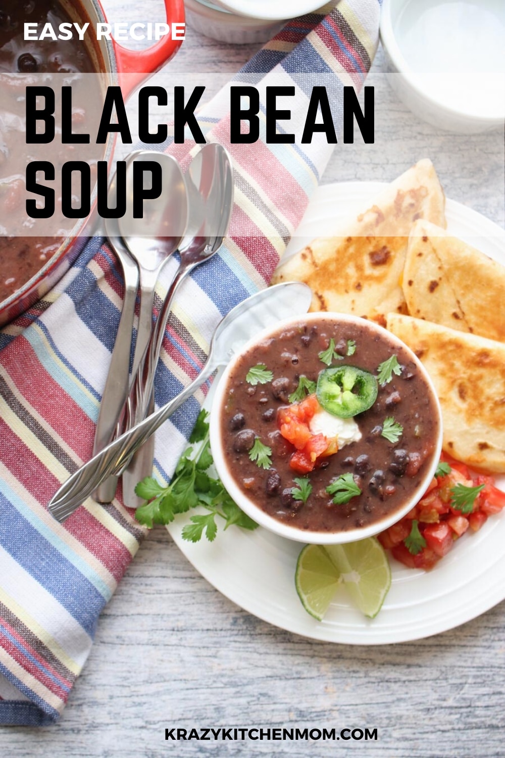 This Black Bean Soup recipe is very easy to make. It uses canned black beans, canned tomatoes and a handful of other ingredients you probably already have in your pantry.  via @krazykitchenmom