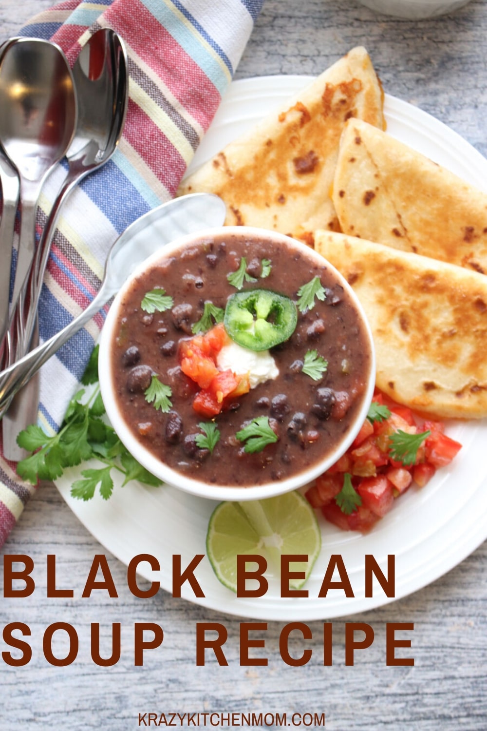 This Black Bean Soup recipe is very easy to make. It uses canned black beans, canned tomatoes and a handful of other ingredients you probably already have in your pantry.  via @krazykitchenmom