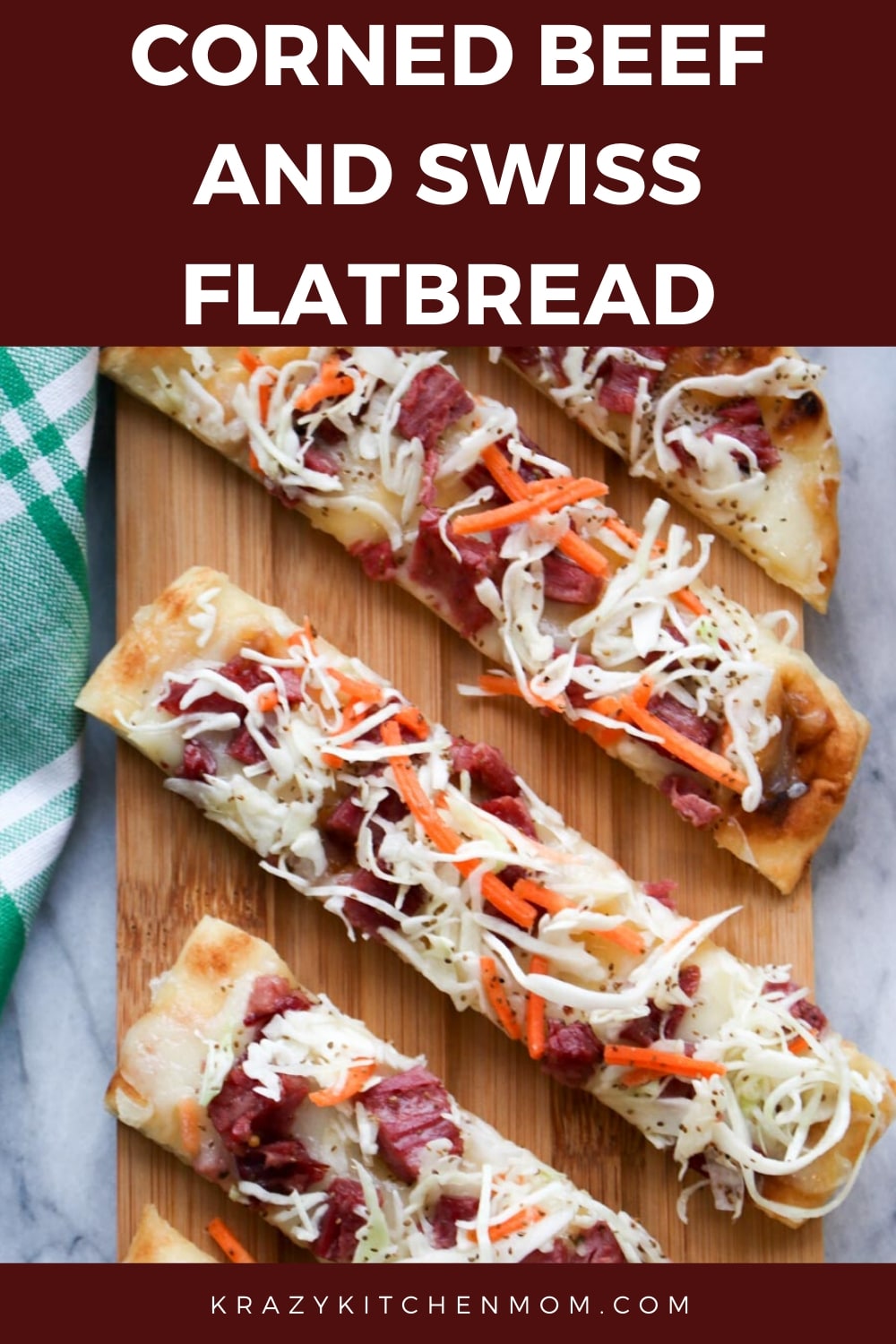 Corned Beef and Swiss Flatbread Pizza is made with leftover corned beef, naan bread, swiss cheese, topped with a cabbage and carrot coleslaw.  via @krazykitchenmom