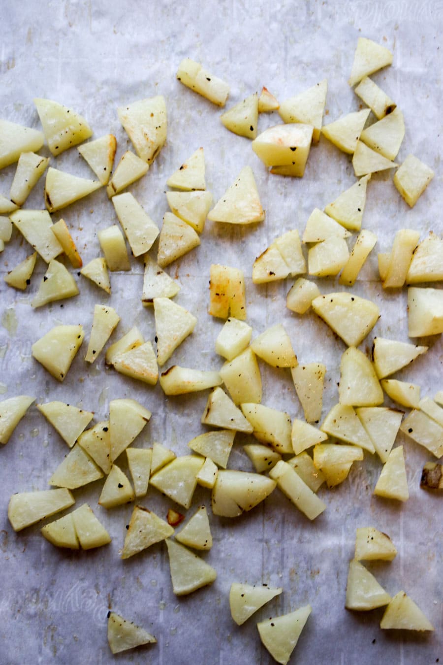 cookie sheet of diced cooked potatoes