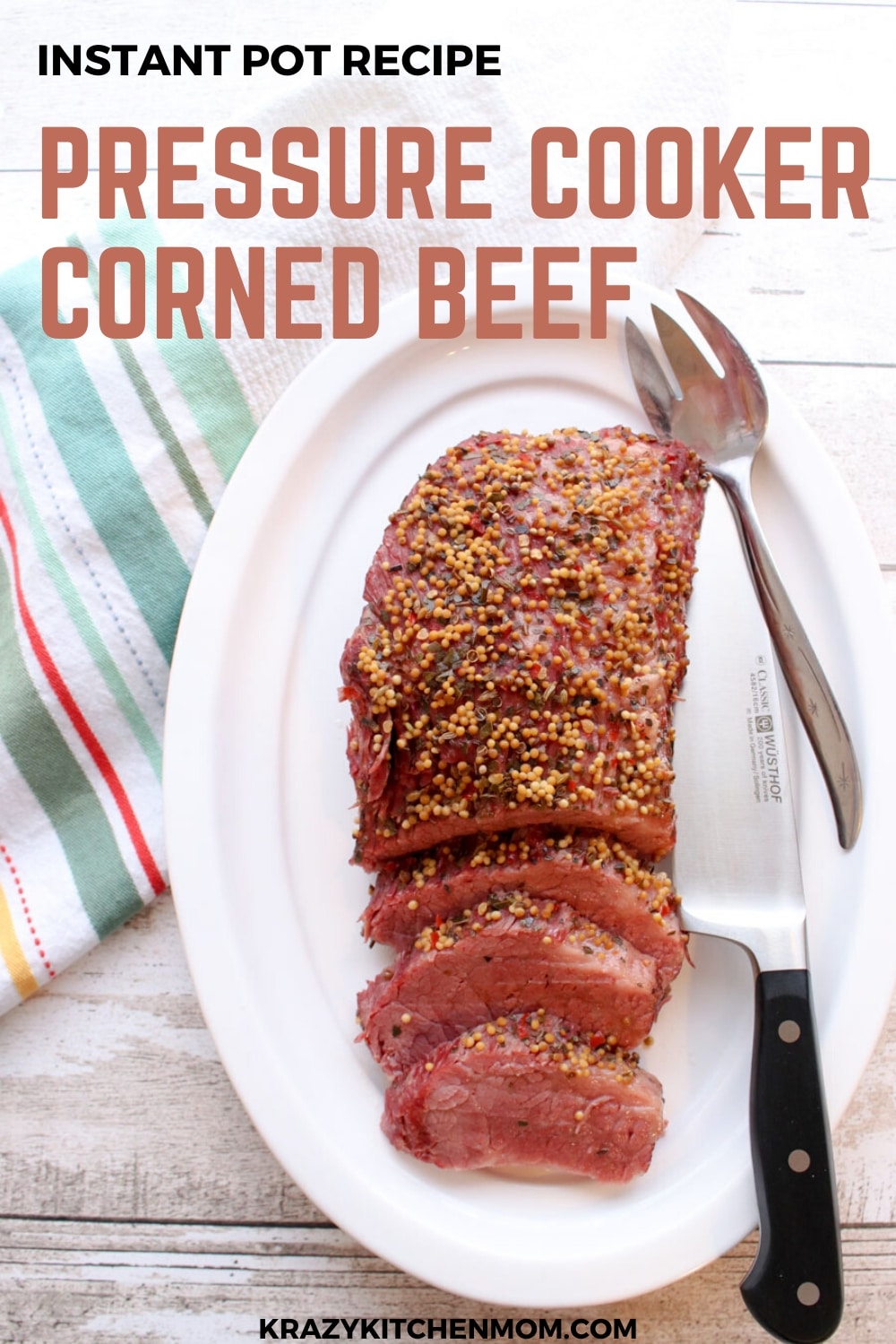 Three Ingredient Instant Pot Pressure Cooker Corned Beef Brisket turns out moist, tender and delicious in just 90 minutes.  via @krazykitchenmom