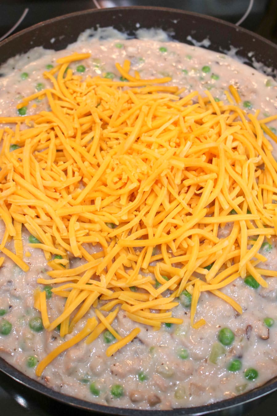 Tuna noodle sauce with peas and cheese added