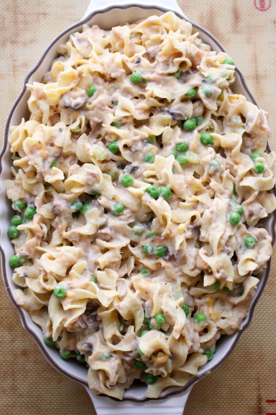 Tuna noodle casserole ready to be topping with topping