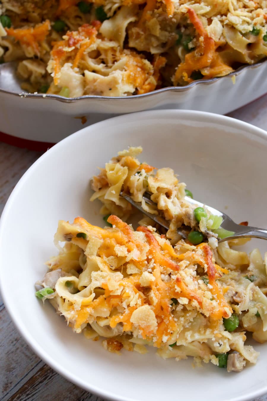 Close up shot of a bowl of tuna noodle casserole