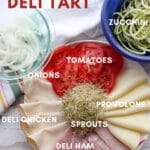 All of the labeled ingredients for the Deli Tart