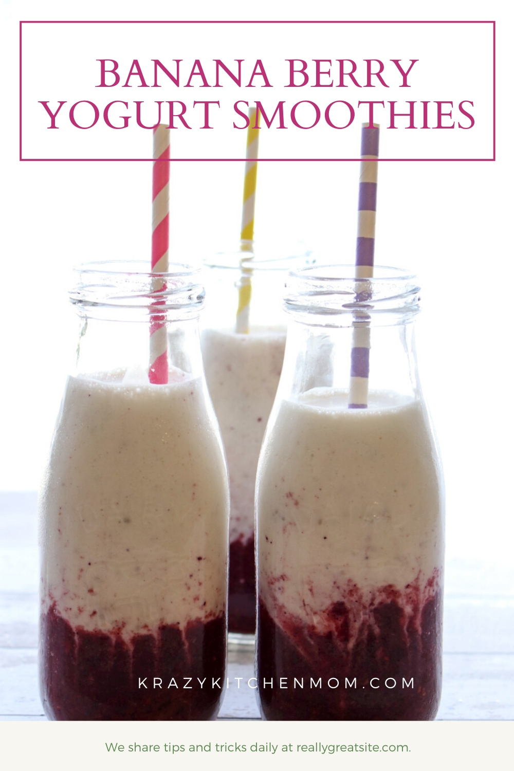 If you like breakfast smoothies, then you will love my Banana Berry Yogurt Smoothies made with Greek yogurt, almond milk, berries, bananas, and chia seeds. via @krazykitchenmom