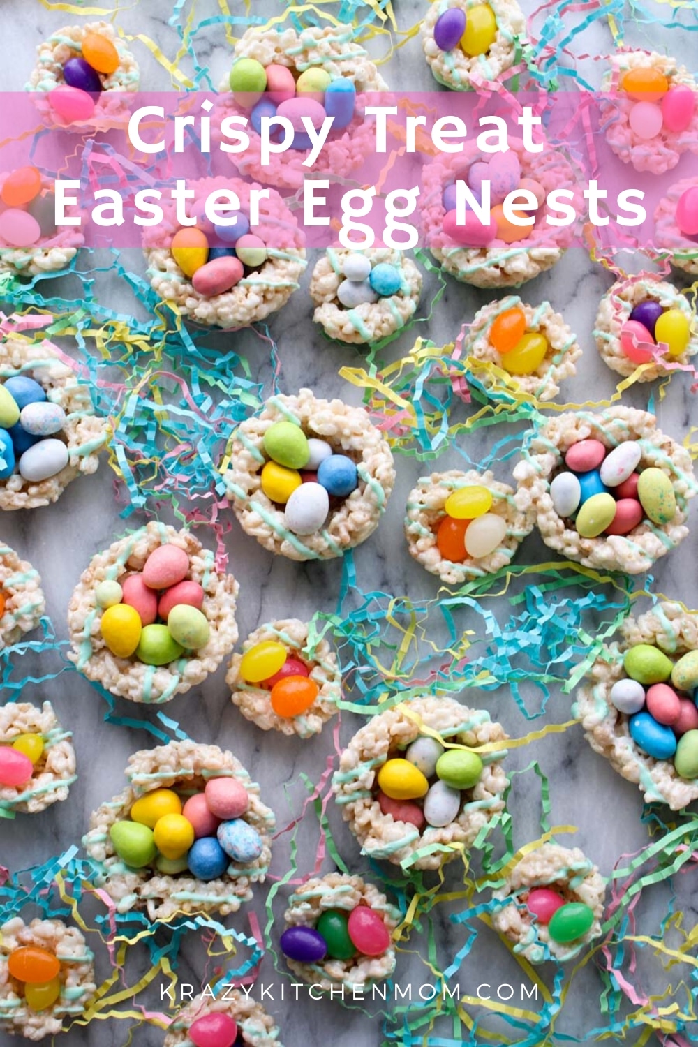 Rice Krispy Easter Egg Nests are a fun no-bake treat that everyone loves. Get the kids involved because they will love making and eating these. via @krazykitchenmom