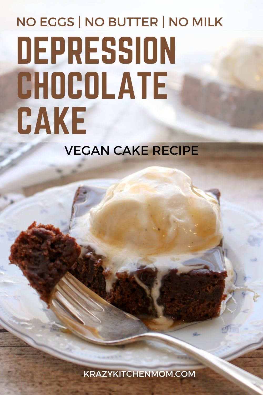 Depression Chocolate Cake is also called Wacky Cake, Crazy Cake, and Three-holed cake. It's a rich chocolate cake that is made without using butter, eggs or milk. It's the perfect dessert for anyone on a dairy-free diet or a vegan diet. via @krazykitchenmom