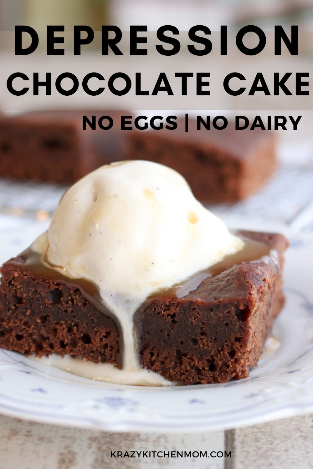 Depression Chocolate Cake is also called Wacky Cake, Crazy Cake, and Three-holed cake. It's a rich chocolate cake that is made without using butter, eggs or milk. It's the perfect dessert for anyone on a dairy-free diet or a vegan diet. via @krazykitchenmom