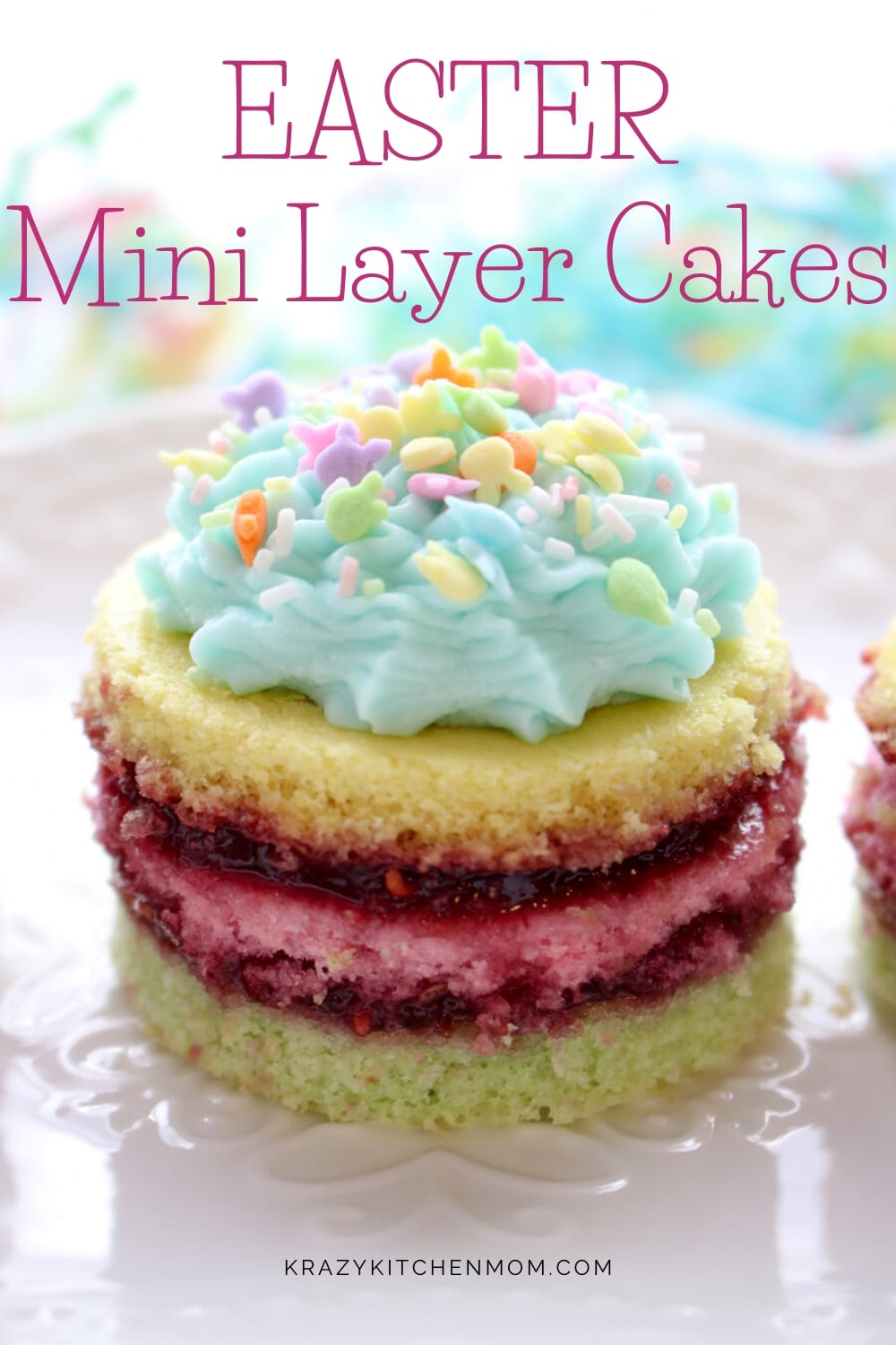 Easter Mini Layer Cakes are made from a box mix and a jar of jam. They are easy to make and pretty to look at. See my step-by-step instructions.  via @krazykitchenmom