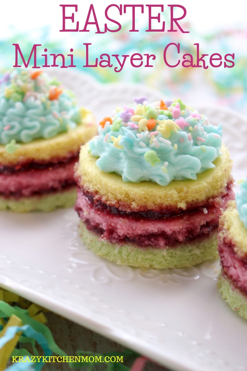 Easter Mini Layer Cakes are made from a box mix and a jar of jam. They are easy to make and pretty to look at. See my step-by-step instructions.  via @krazykitchenmom