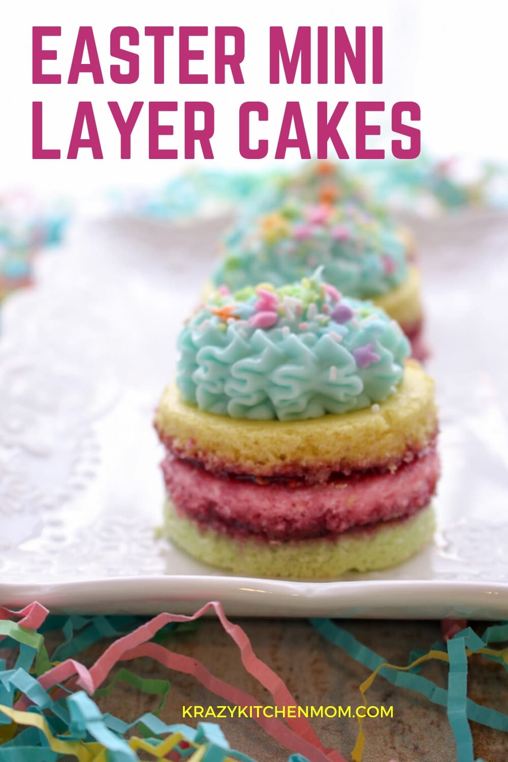 Easter Mini Layer Cakes are made from a box mix and a jar of jam. They are easy to make and pretty to look at. See my step-by-step instructions.  via @krazykitchenmom