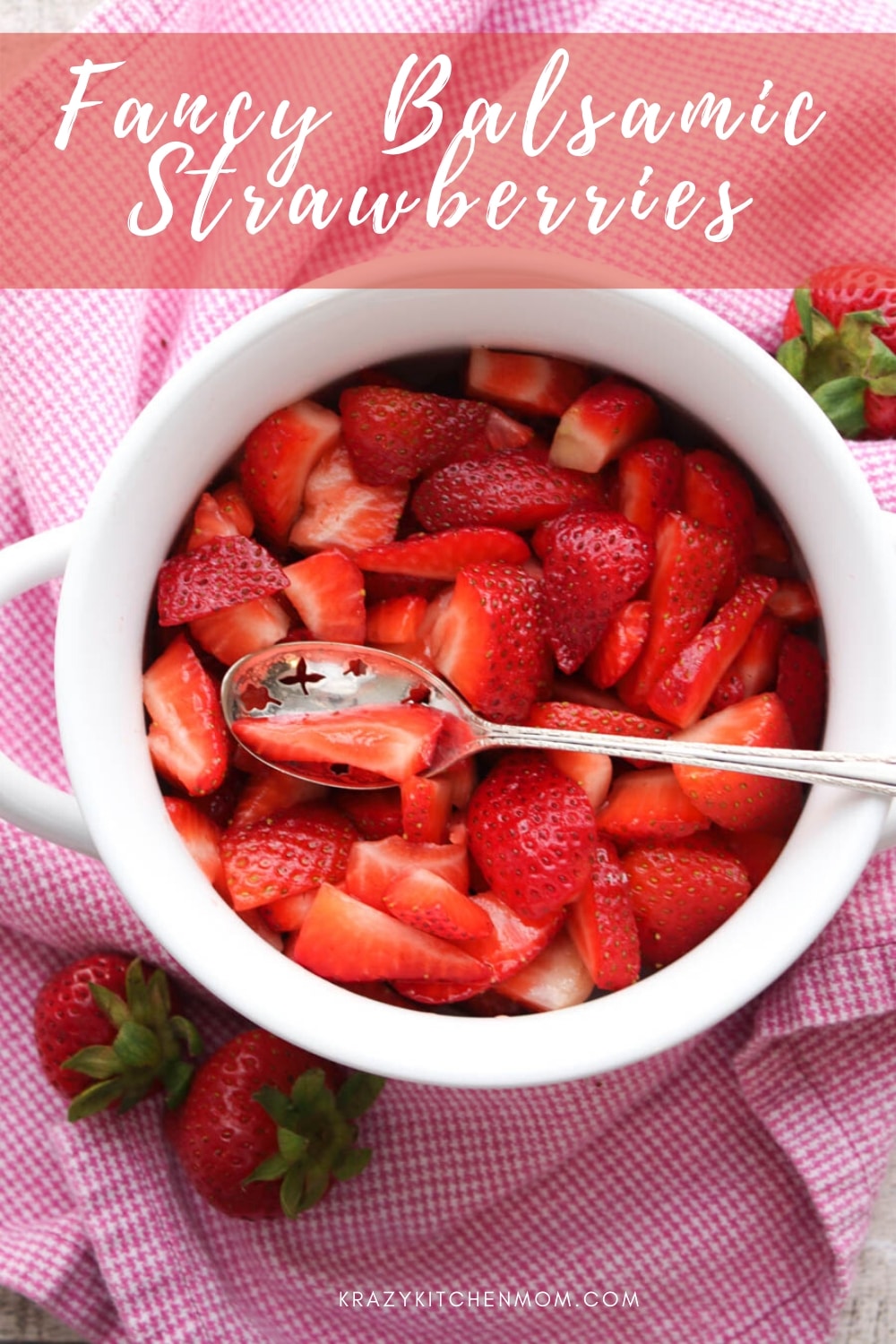 Dark balsamic vinegar and sugar bring out the deep sweet rich flavor in my Easy Sweet Balsamic Strawberries recipe. Spoon it over everything - ice cream, cake, pancakes, waffles, pork chops! via @krazykitchenmom