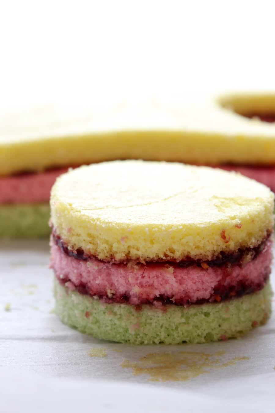 Colored cake stacks cut into a circle