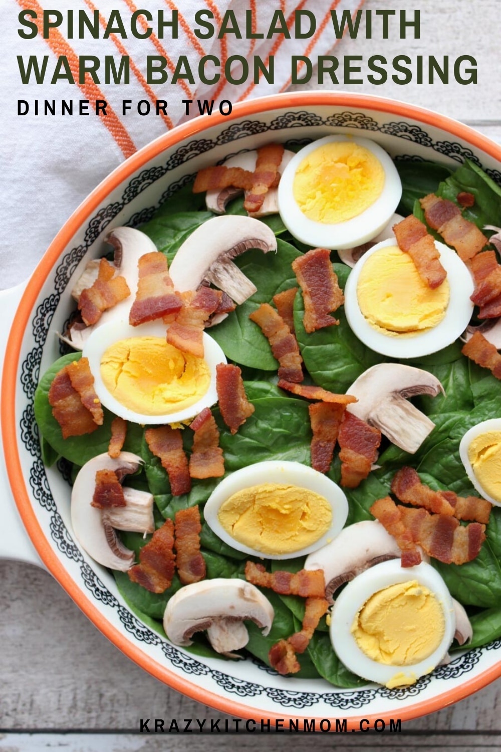 Spinach Salad with Warm Bacon Dressing is a classic salad made with a vinaigrette that uses bacon drippings instead of oil.  via @krazykitchenmom