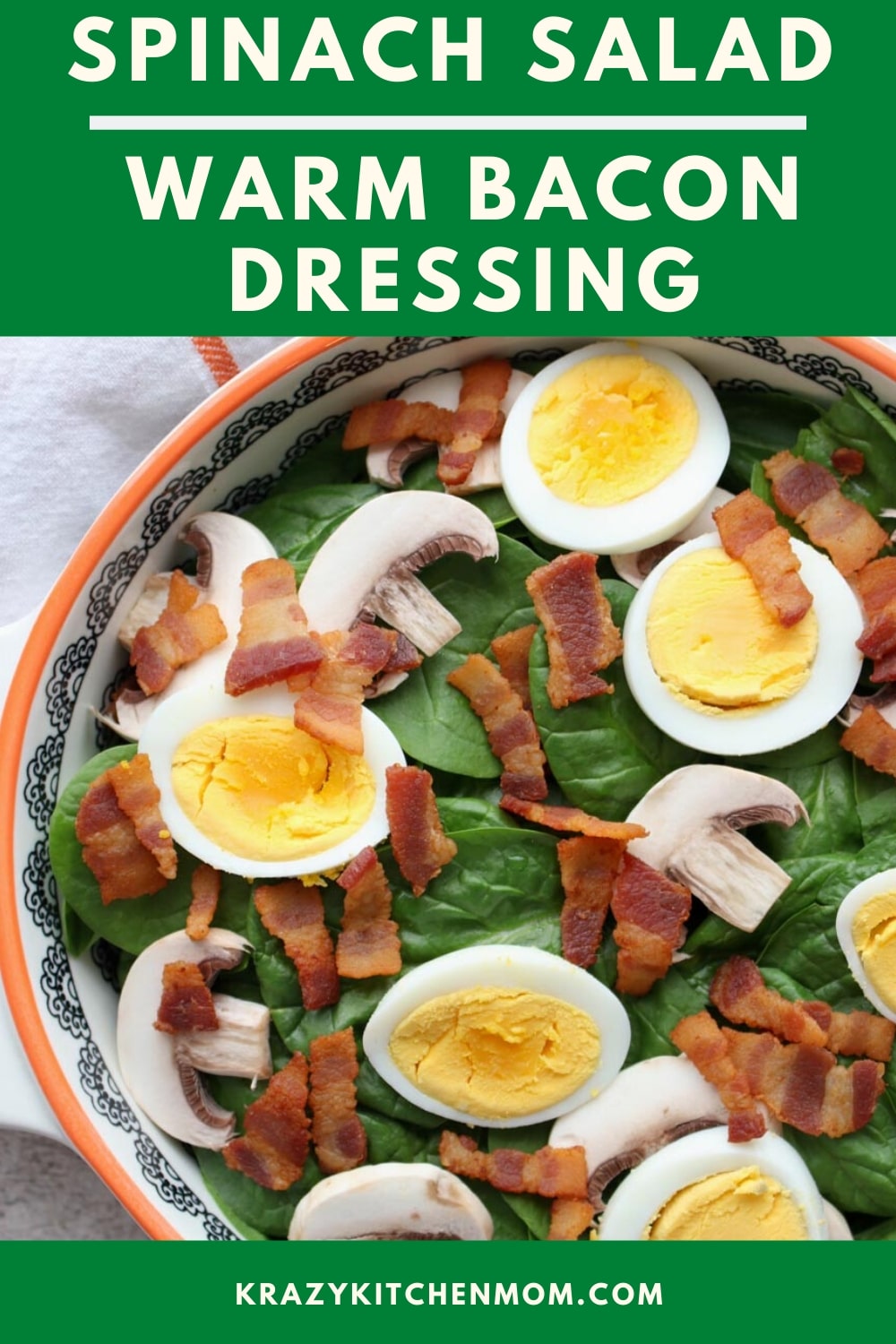 Spinach Salad with Warm Bacon Dressing is a classic salad made with a vinaigrette that uses bacon drippings instead of oil.  via @krazykitchenmom