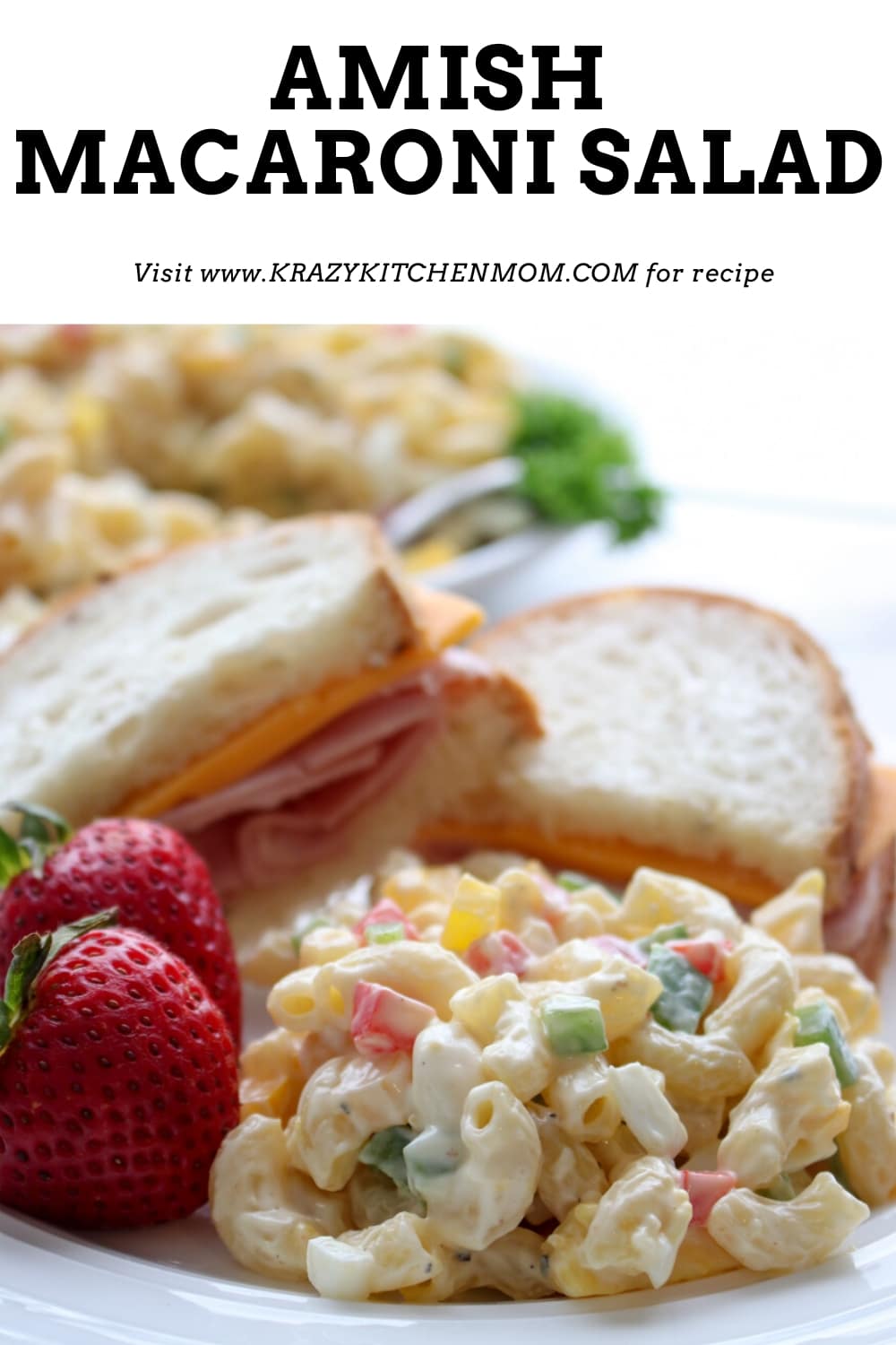 Sweet Tangy Amish Macaroni Salad is a classic summer side dish. It's full of fresh bell peppers, celery, and hard-boiled eggs. via @krazykitchenmom