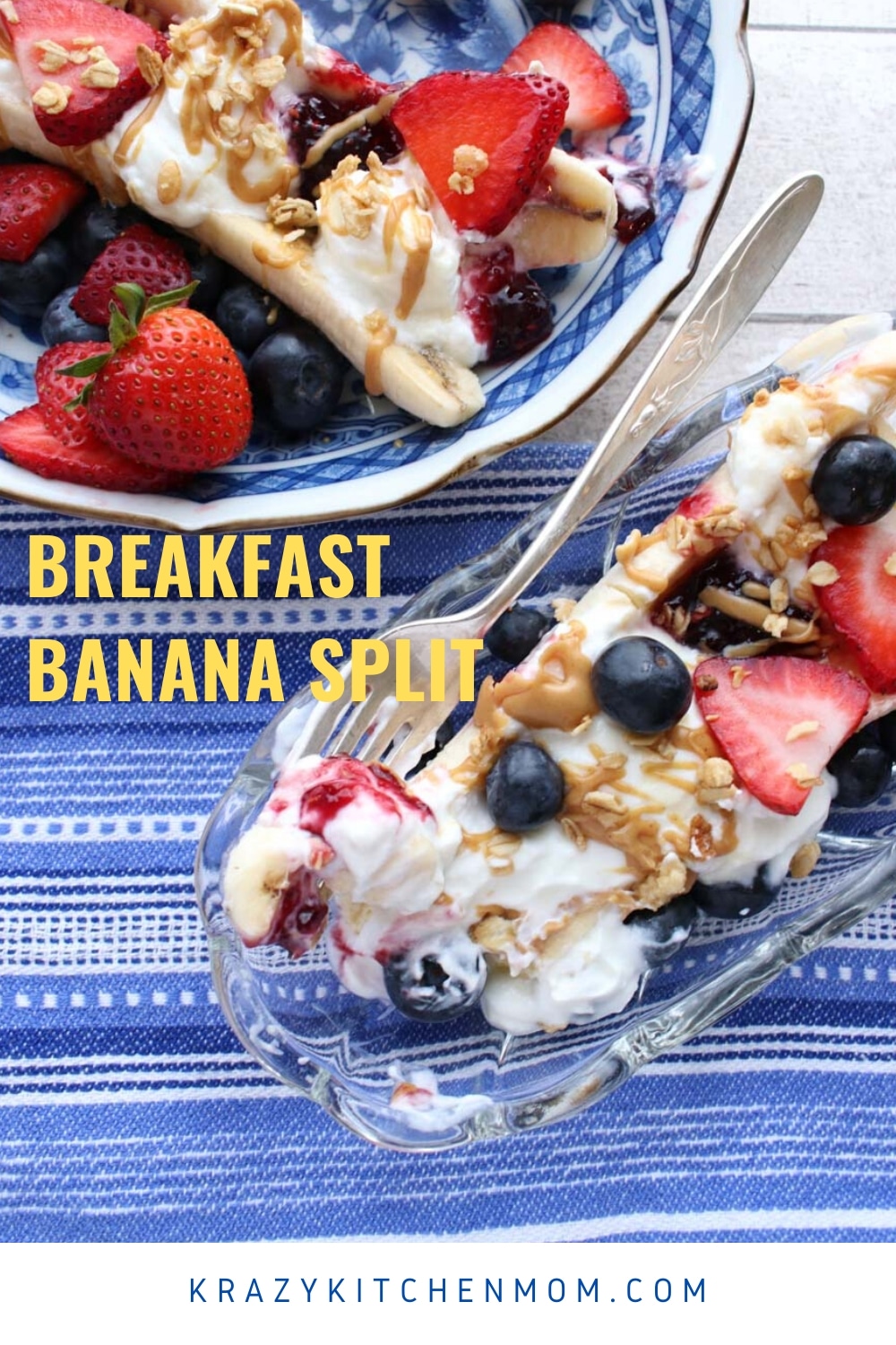 Banana Split Breakfast filled with Greek yogurt, topped with fruit and granola and drizzled with peanut butter, jam and honey.  via @krazykitchenmom