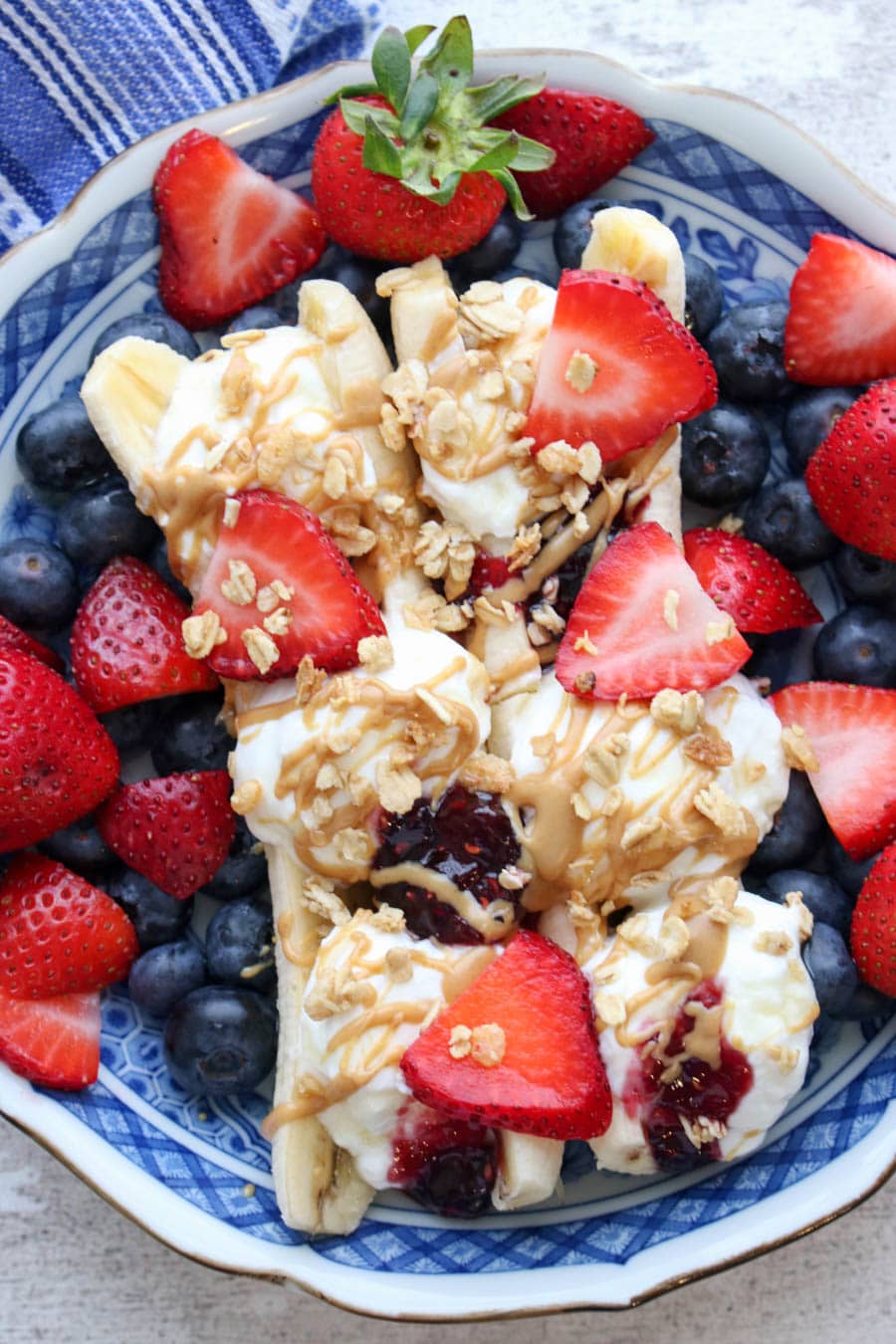 Banana Split Breakfast in a blue bowl