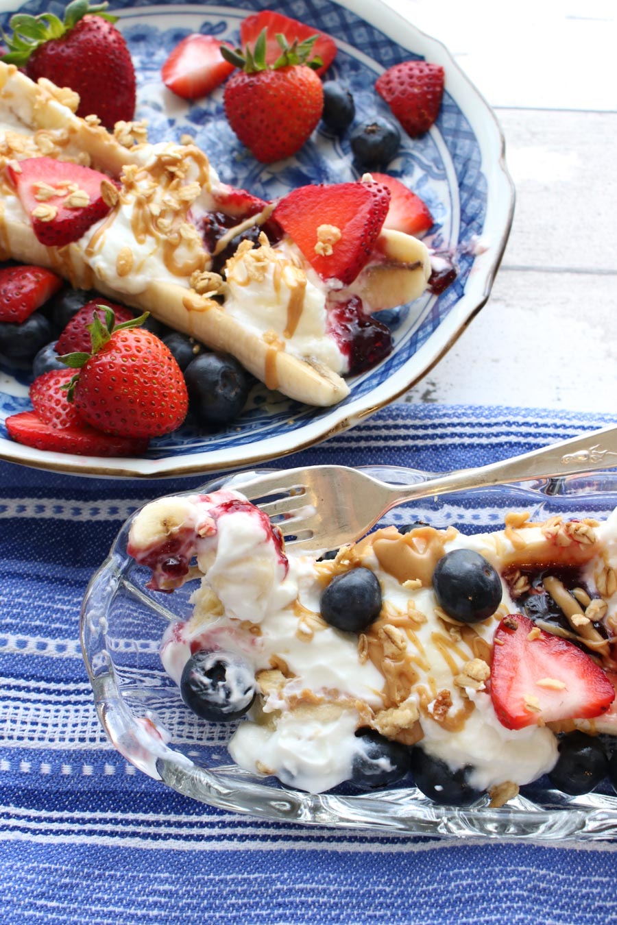 Breakfast Banana Split in a dish with a fork