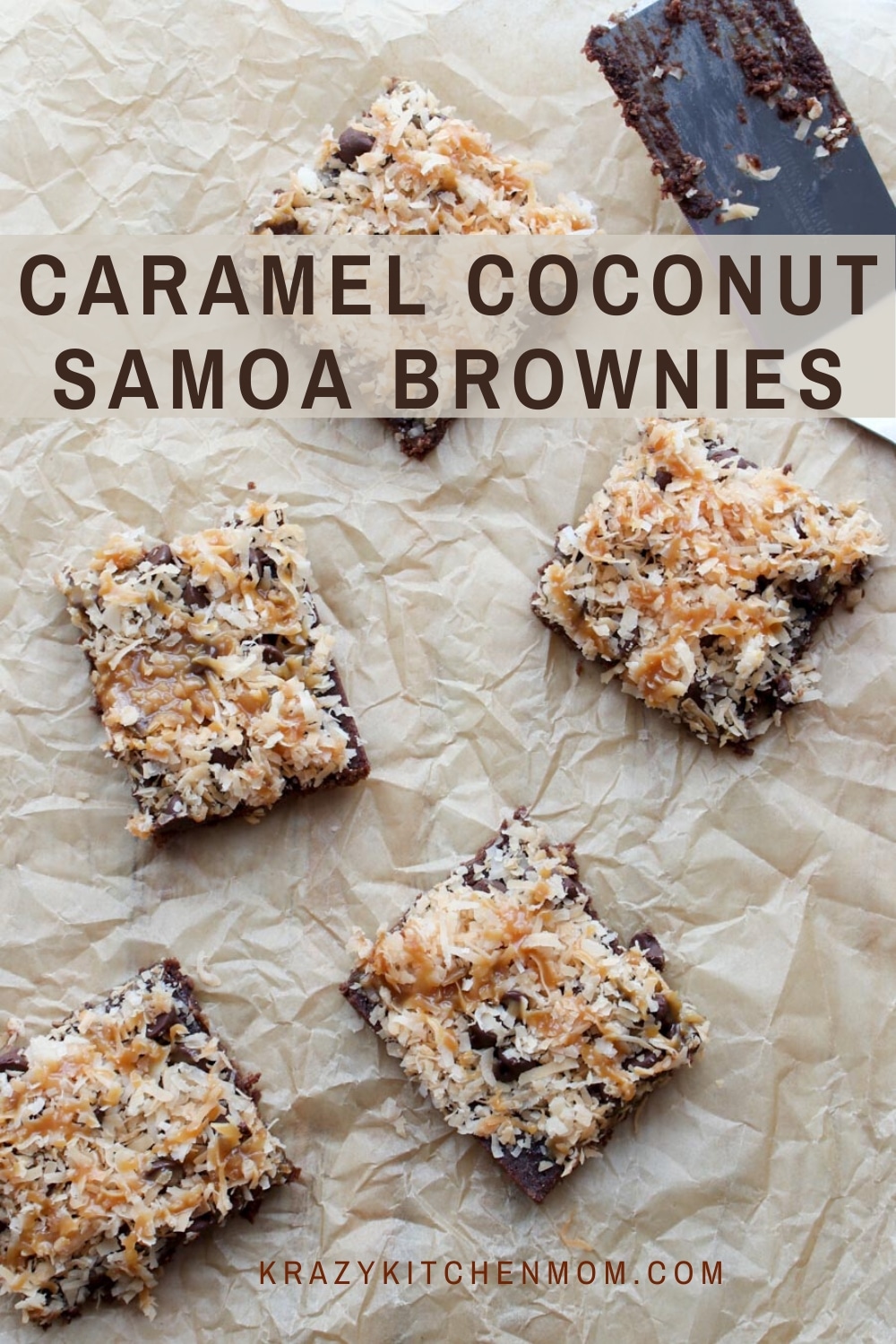 Caramel Coconut Samoa Brownies are chewy chocolate brownies from a box mix that are topped with toasted coconut, caramel, and chocolate.  via @krazykitchenmom