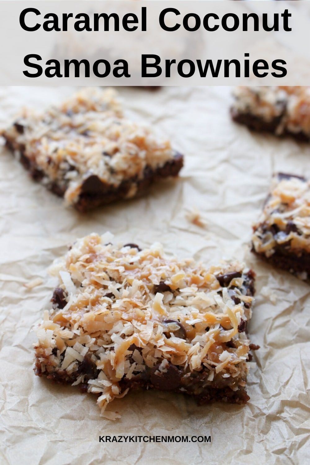 Caramel Coconut Samoa Brownies are chewy chocolate brownies from a box mix that are topped with toasted coconut, caramel, and chocolate.  via @krazykitchenmom