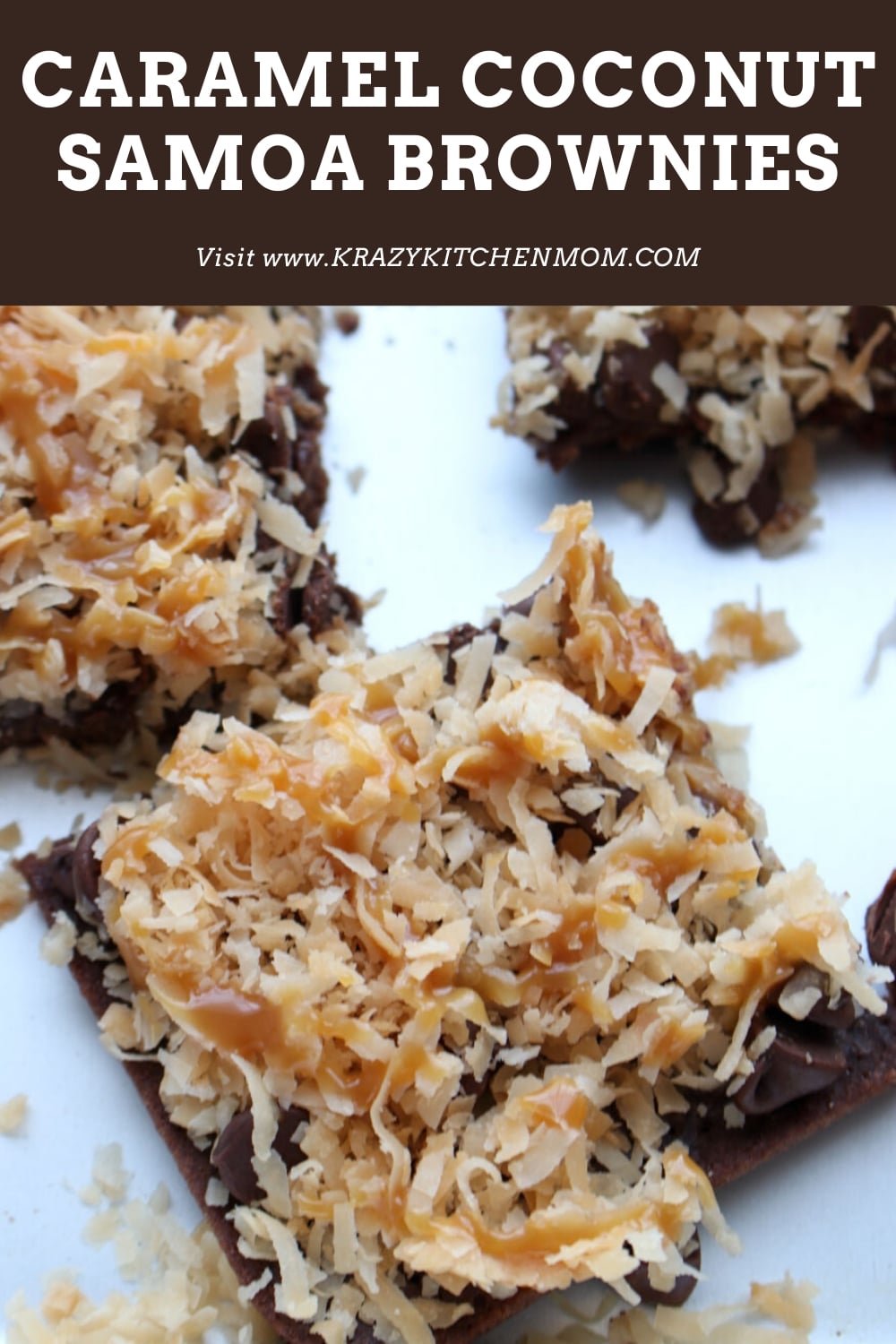 Caramel Coconut Samoa Brownies are chewy chocolate brownies from a box mix that are topped with toasted coconut, caramel, and chocolate.  via @krazykitchenmom