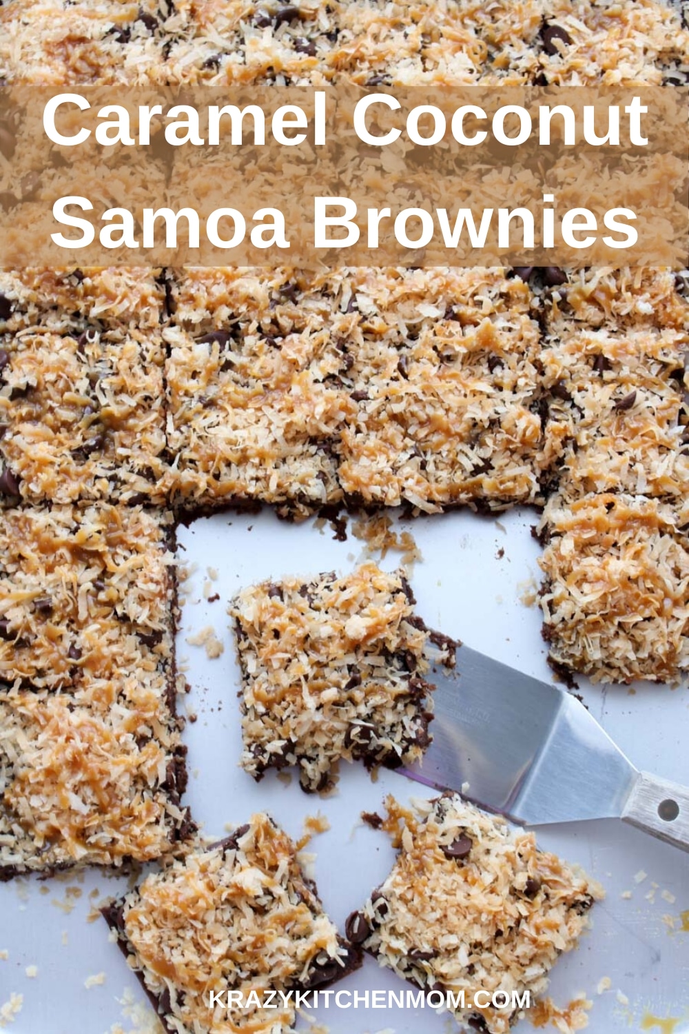 Caramel Coconut Samoa Brownies are chewy chocolate brownies from a box mix that are topped with toasted coconut, caramel, and chocolate.  via @krazykitchenmom